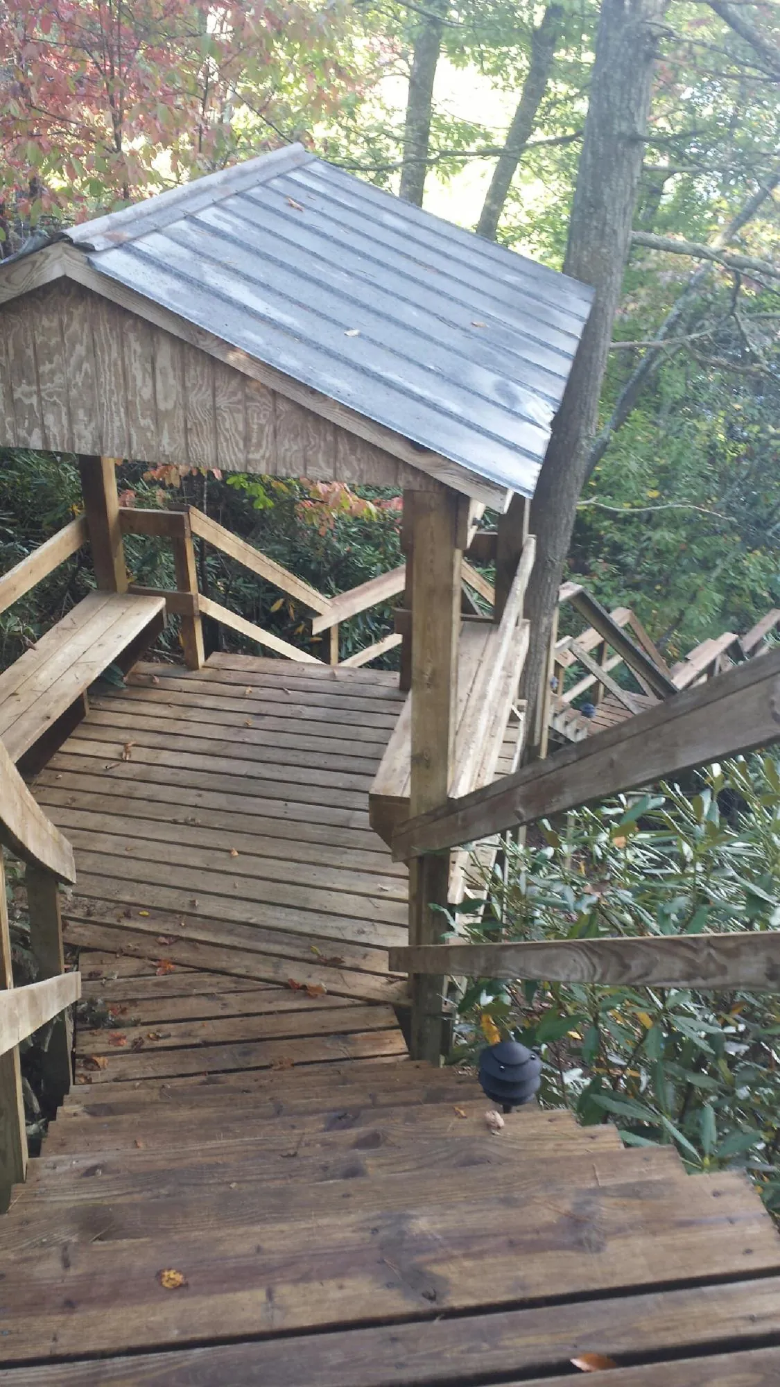 Metal roofed shelter over wooden steps on a wooded walkway — Skylight Repair & Installation work by our crew in Cullen
